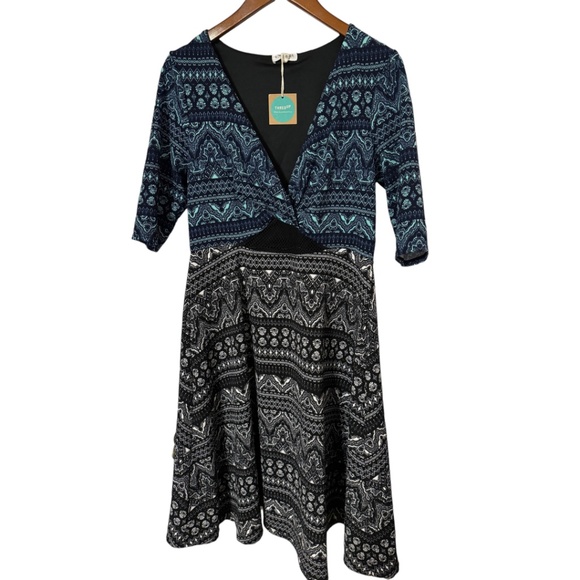 Kiyonna Plus Blue Black Geometric Print Cutout A-Line 3/4 Sleeves Size 0 (12) - Picture 1 of 3